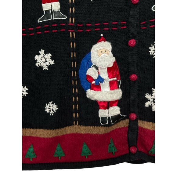 VTG Studio Joy Ugly Christmas Sweater Women's Large Cardigan Black Santa Snow - Picture 3 of 7